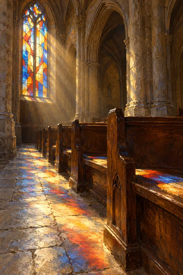 Luz de um vitral colorido ilumina bancos de madeira e piso de pedra em uma igreja, em pintura a óleo.