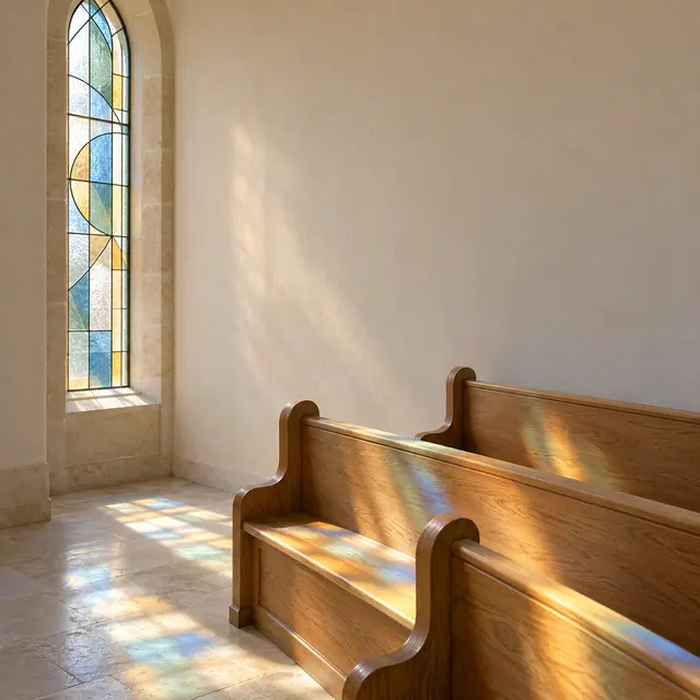 Luz de um vitral azul, verde e âmbar ilumina bancos de madeira e o piso de uma igreja vazia.