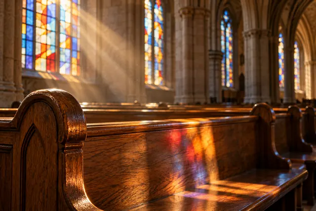 Luz dourada atravessa vitrais coloridos e projeta reflexos sobre bancos de madeira em uma igreja vazia.