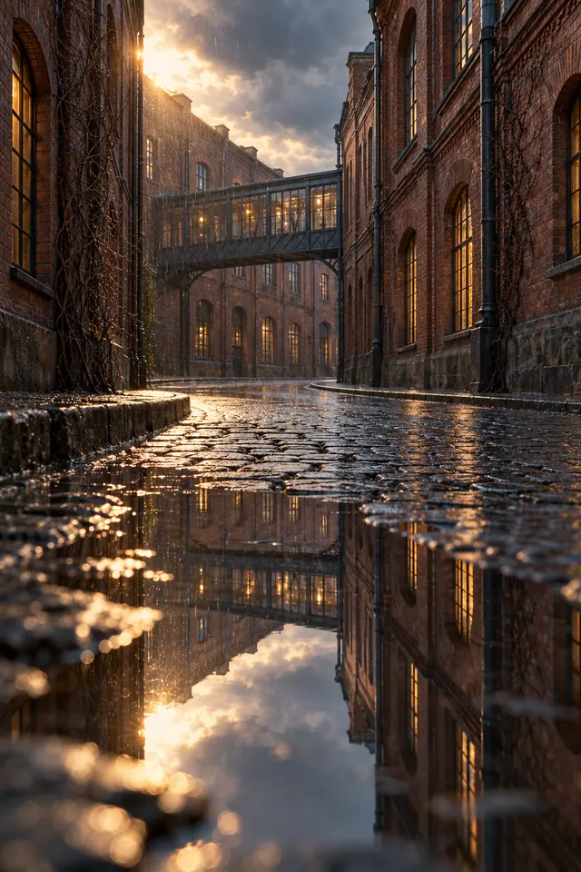 Rua de paralelepípedos sob chuva, com prédios de tijolos, passarela de vidro e reflexos dourados nas poças.