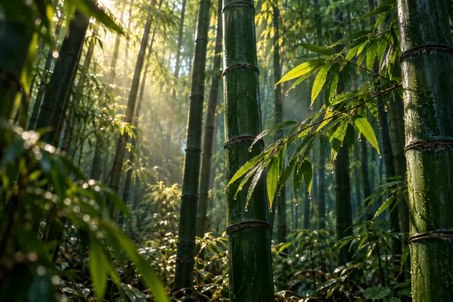 Luz dourada atravessa uma floresta de bambus verdes, com gotas de água nas folhas em primeiro plano.
