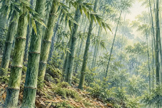 Aquarela de floresta de bambus com samambaias, folhas secas no chão e luz suave ao fundo.