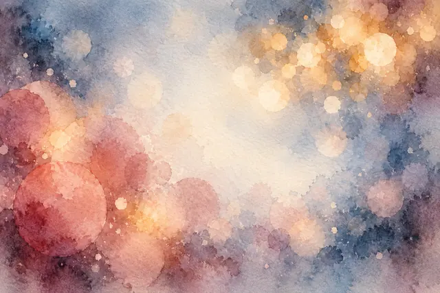Aquarela com círculos de luz rosa e dourada sobre manchas azuis e malva, papel texturizado e centro claro.