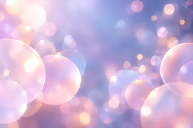 Fundo abstrato azul-lavanda com círculos translúcidos em rosa e lilás e pontos de luz bokeh em tons pastel.