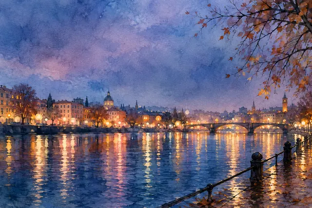 Aquarela de cidade à noite com ponte de arcos, luzes douradas refletidas no rio e galhos com folhas de outono.