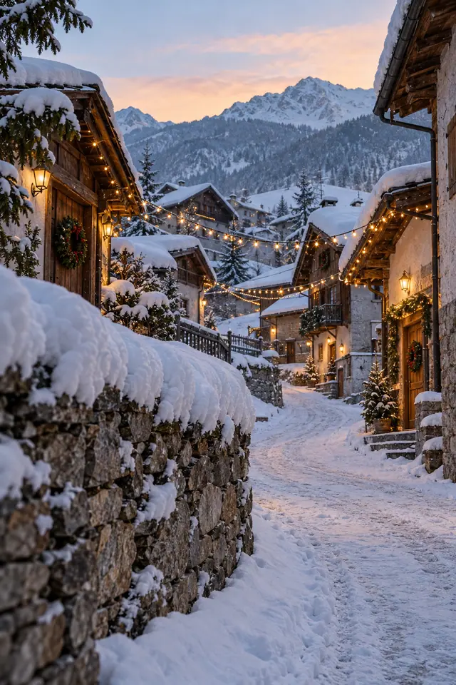 Luzes de Natal sobre uma rua nevada entre casas rústicas, com montanhas e céu em tons de pêssego ao fundo.