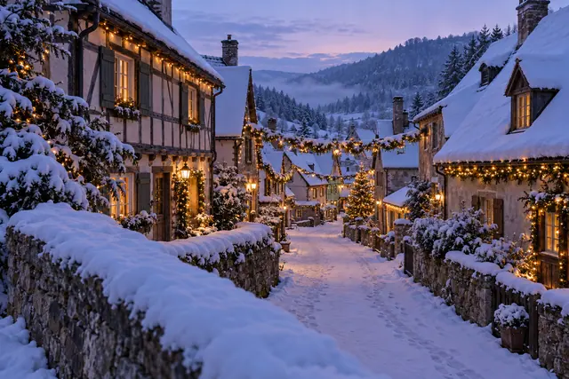 Rua de vila nevada com casas, guirlandas e árvore de Natal iluminadas sob o céu lilás do amanhecer.