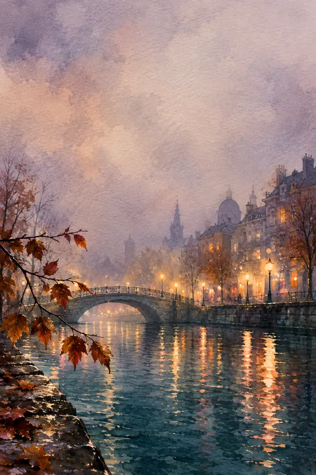 Aquarela de ponte sobre canal, prédios iluminados e folhas de outono sob um céu de névoa lilás.
