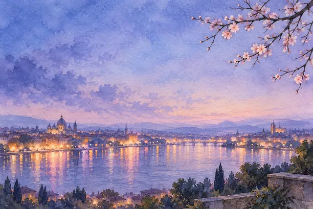 Aquarela de cidade iluminada junto ao rio, com reflexos dourados, céu lilás e ramos de flores rosas.