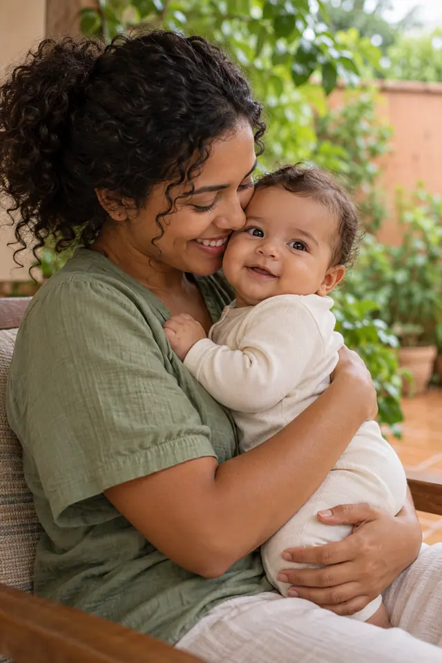 Mãe de blusa verde abraça o bebê de roupa clara e encosta o rosto no dele em uma varanda com plantas.