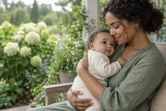 Mãe de olhos fechados abraça um bebê de roupa clara em uma varanda, com hortênsias e folhagens ao fundo.