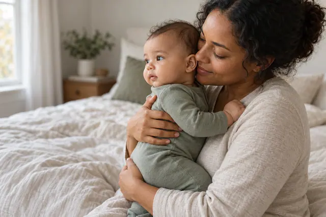 Mãe de olhos fechados abraça bebê de roupa verde junto à cama, em um quarto com luz suave da janela.