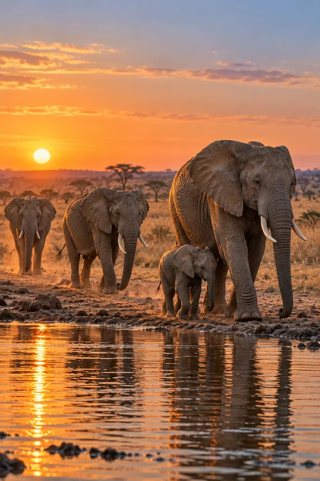 Três elefantes adultos e um filhote à beira d'água na savana, com reflexos dourados do pôr do sol.