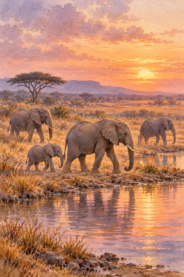 Aquarela de três elefantes adultos e um filhote junto a um lago na savana, com reflexos dourados do pôr do sol.