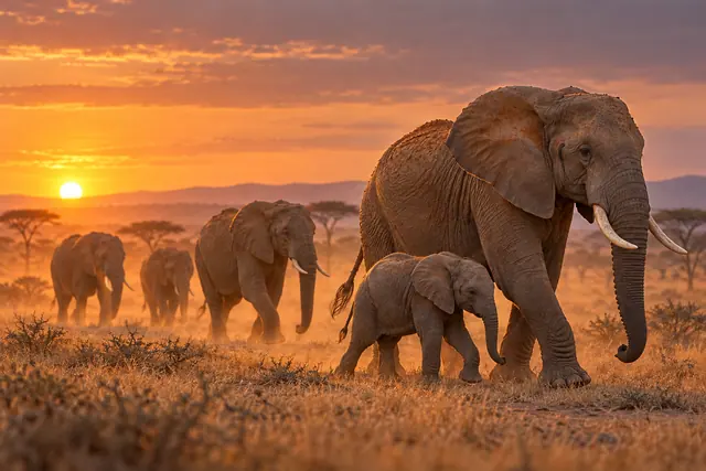 Elefante adulto e filhote caminham à frente de uma manada na savana, sob a luz dourada do pôr do sol.