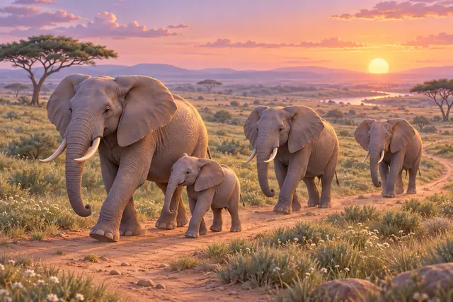 Três elefantes adultos e um filhote caminham pela savana florida ao pôr do sol, em uma cena 3D de tons suaves.