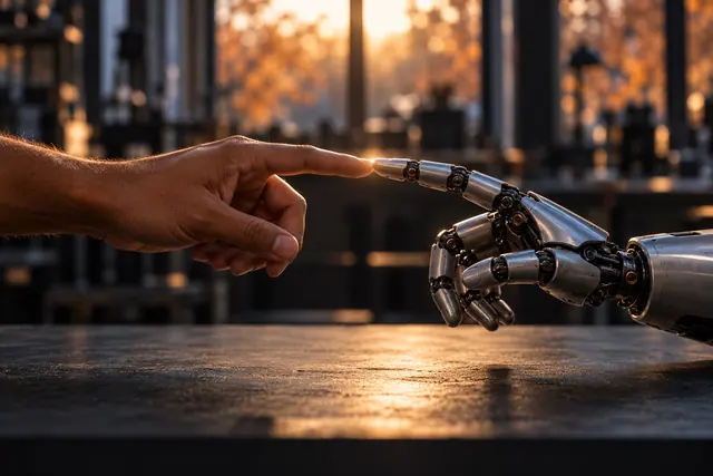Mão humana toca o dedo indicador de uma mão robótica sobre bancada, com luz dourada e fundo desfocado.