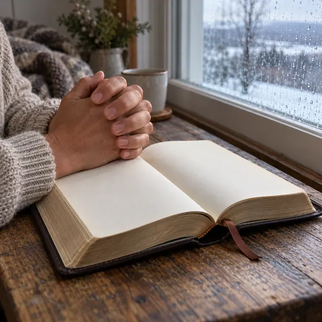 Mãos unidas em oração sobre uma Bíblia aberta de páginas sem texto, junto à janela com gotas de chuva.