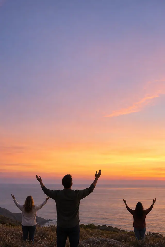 Três pessoas de costas com as mãos erguidas diante do mar sob um amplo céu lilás e dourado ao entardecer.