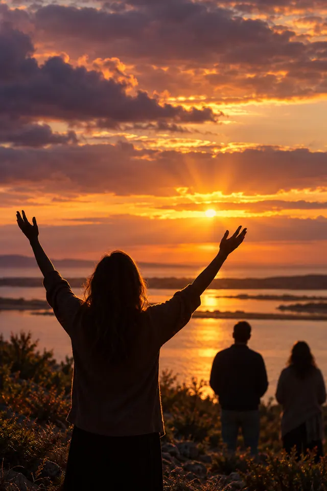 Pessoa com as mãos erguidas e duas silhuetas à beira de uma lagoa sob o céu dourado do pôr do sol.