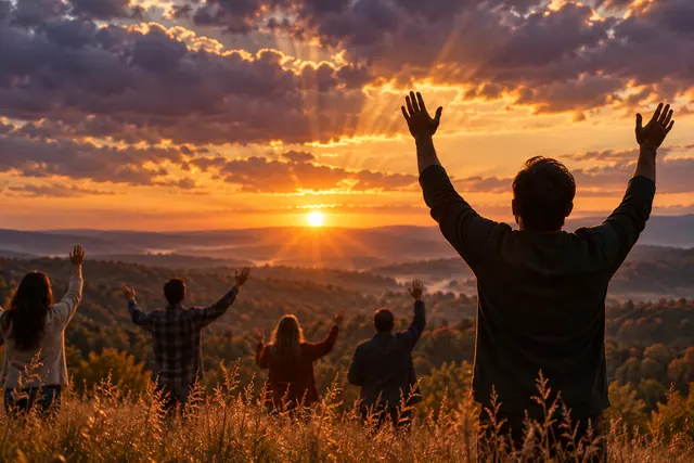 Cinco pessoas de costas com mãos erguidas em adoração numa colina, sob raios dourados do pôr do sol.