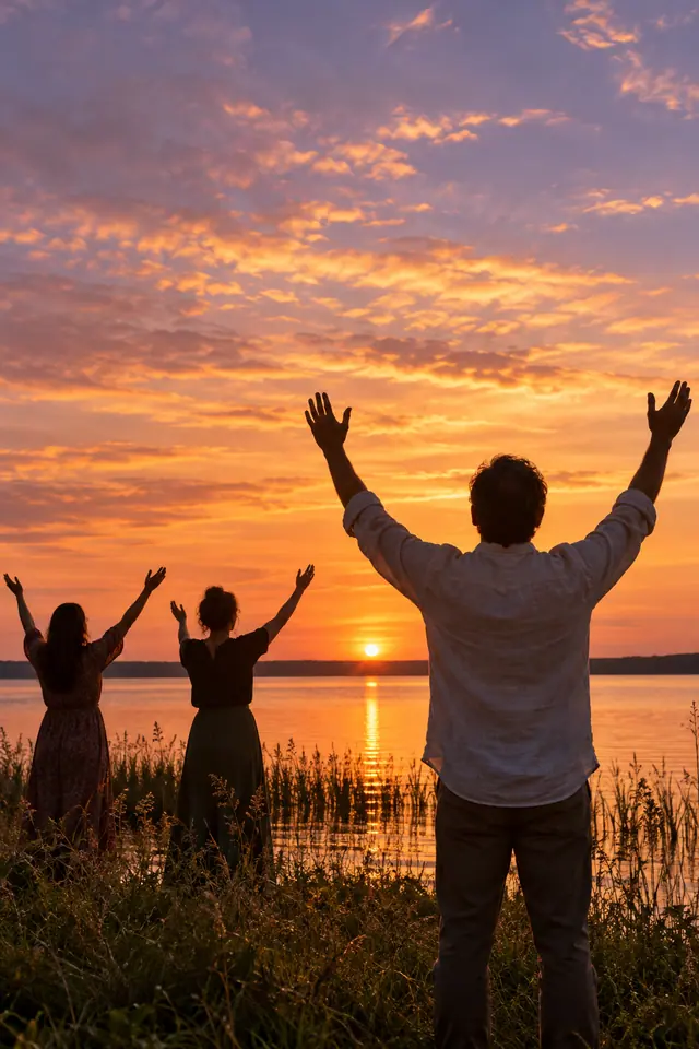 Três adultos de costas com as mãos erguidas em louvor diante de um lago sob o céu dourado do pôr do sol.