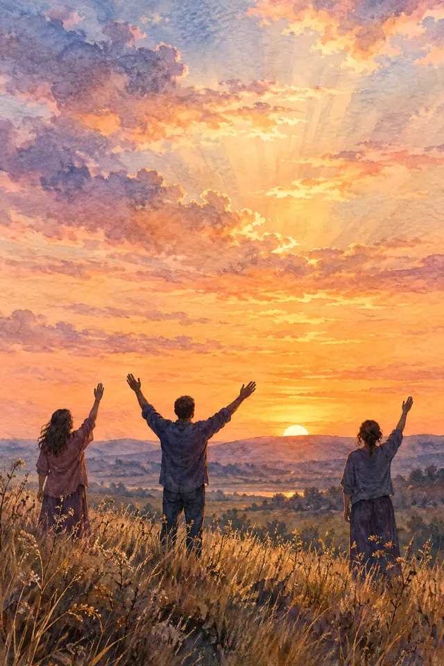 Três pessoas com mãos erguidas em louvor numa colina dourada, sob o céu do pôr do sol, em aquarela.