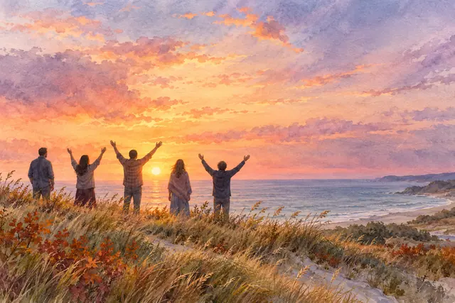 Aquarela de cinco pessoas nas dunas diante do mar ao pôr do sol, três com as mãos erguidas em louvor.