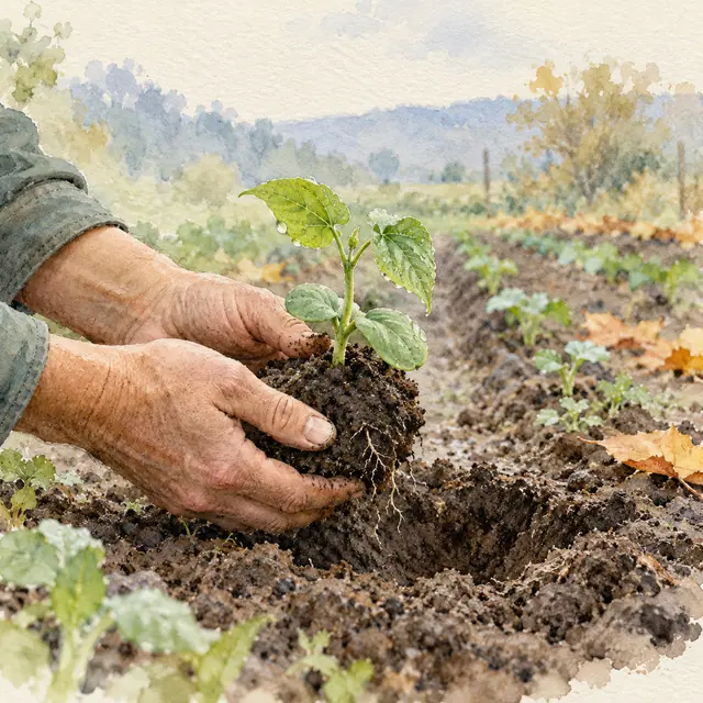 Aquarela de mãos segurando uma muda com terra e raízes sobre uma cova na horta, entre folhas de outono.