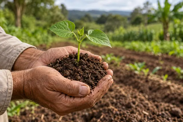 Mãos com vestígios de terra sustentam uma muda de feijão diante de canteiros e vegetação desfocados.
