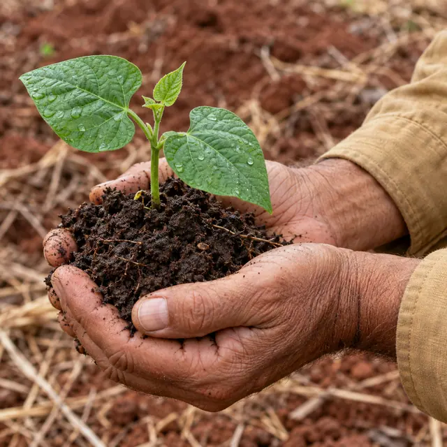 Mãos seguram terra úmida com uma muda de feijão e gotas nas folhas, sobre solo avermelhado com palha.