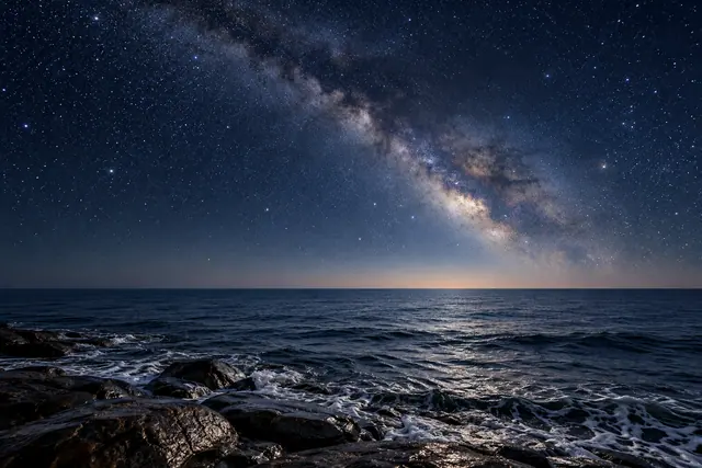 Via Láctea sobre o mar tranquilo, com reflexos prateados nas ondas e pedras escuras em primeiro plano.