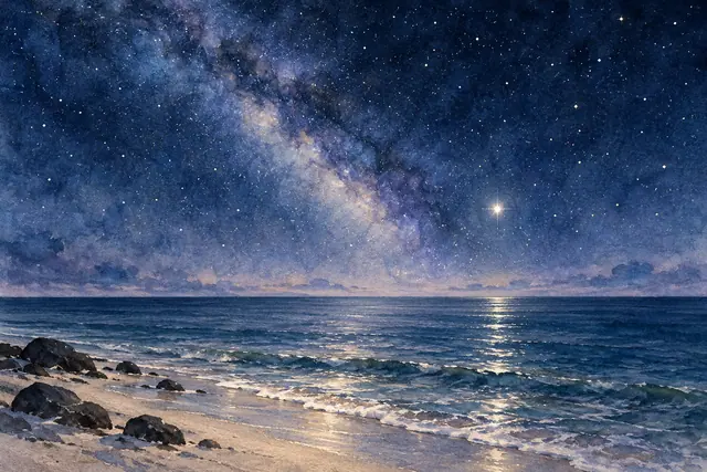 Aquarela de mar tranquilo sob céu estrelado, com a Via Láctea e reflexos luminosos junto à praia com pedras.
