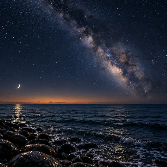 Via Láctea e lua fina sobre o mar, com reflexos nas ondas, pedras na margem e brilho alaranjado no horizonte.