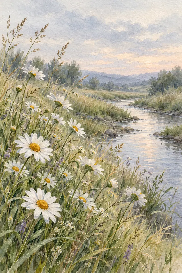 Aquarela de margaridas brancas entre capins à beira de um riacho, com colinas ao fundo e céu suave de fim de tarde.