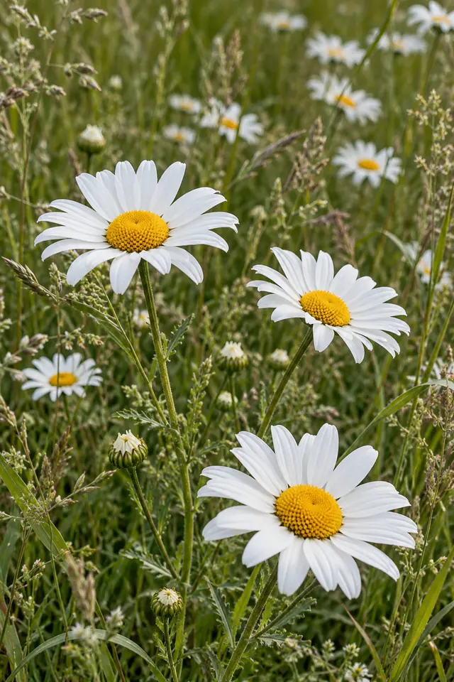 Margaridas brancas de miolos amarelos entre gramíneas e botões, com flores desfocadas ao fundo.
