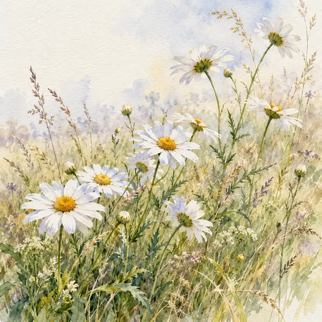 Aquarela de margaridas brancas com miolos amarelos entre capins e pequenas flores sobre papel texturizado.