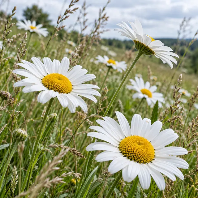 Margaridas brancas com miolos amarelos entre gramíneas, vistas de baixo em um campo sob céu nublado.