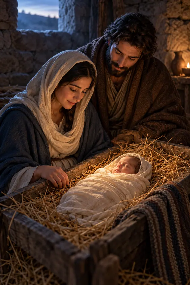 Menino Jesus dorme na manjedoura entre Maria e José, com luz de lamparina e céu azul ao fundo.