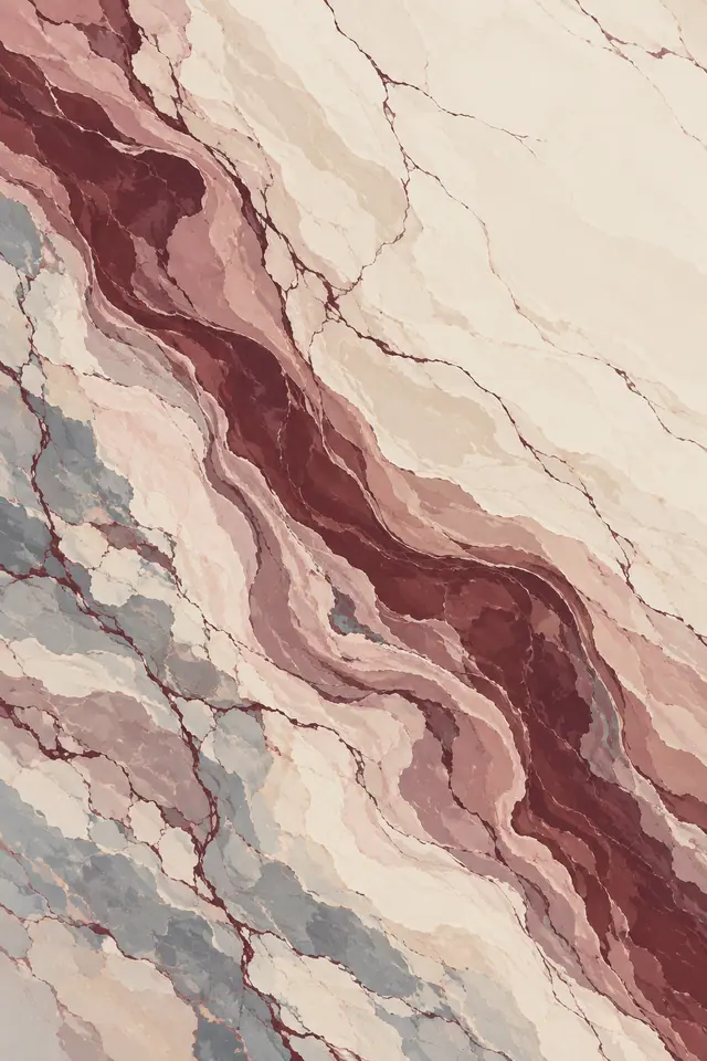 Textura de mármore marfim com faixas diagonais vinho e rosa, áreas cinza-azuladas e veios finos ramificados.