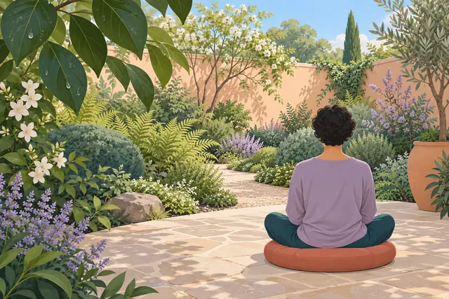 Pessoa de costas meditando em almofada terracota em um jardim com samambaias e flores brancas e lilases.