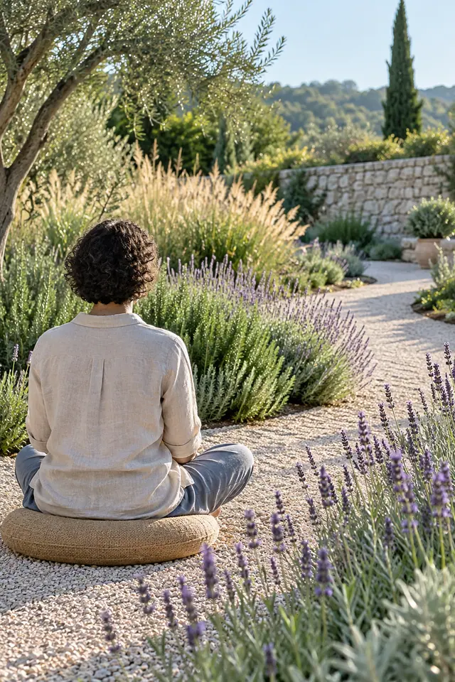 Pessoa de costas meditando sobre uma almofada em um jardim com lavandas e caminho de pedrinhas ao sol.