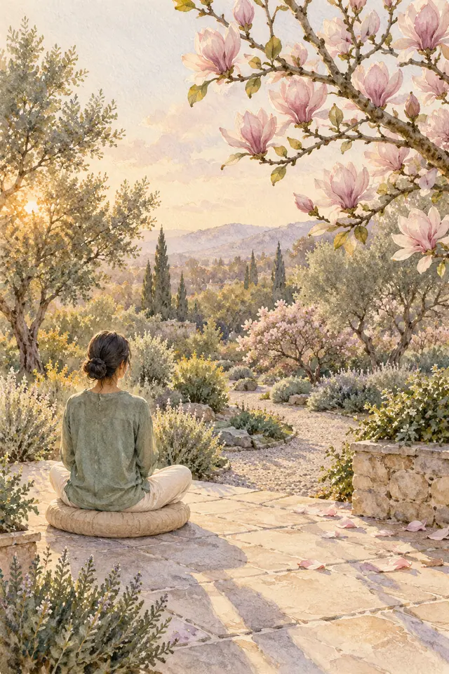 Pessoa de costas meditando em um jardim florido, sob magnólias rosadas e luz dourada, em aquarela.