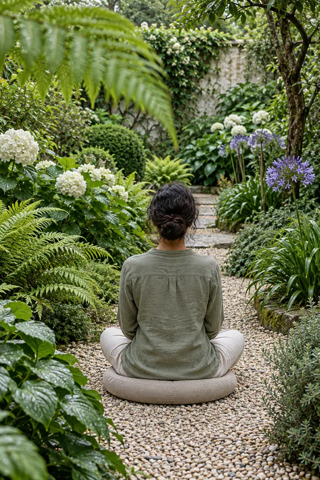 Mulher de costas meditando sobre almofada em jardim com samambaias, hortênsias brancas e flores roxas.