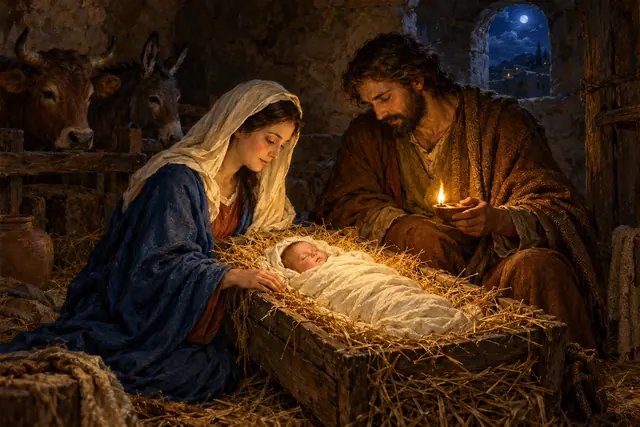 Maria e José junto ao Menino Jesus na manjedoura, iluminados por uma lamparina em um estábulo à noite.
