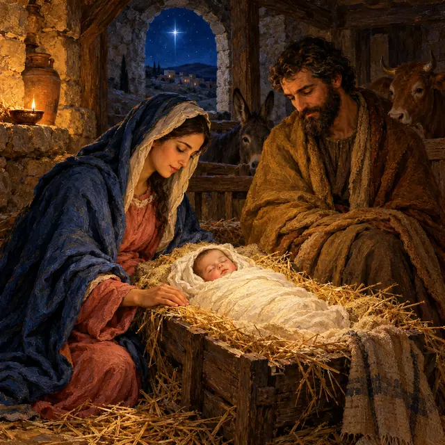 Maria e José contemplam Jesus na manjedoura, à luz de uma lamparina, com animais e uma estrela ao fundo.