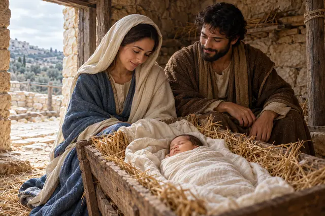 Menino Jesus dorme na manjedoura, acompanhado por Maria e José em um estábulo de pedra iluminado pela luz natural.