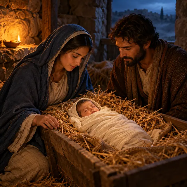 Menino Jesus dorme na manjedoura entre Maria e José, iluminados por uma lamparina em um estábulo de pedra.