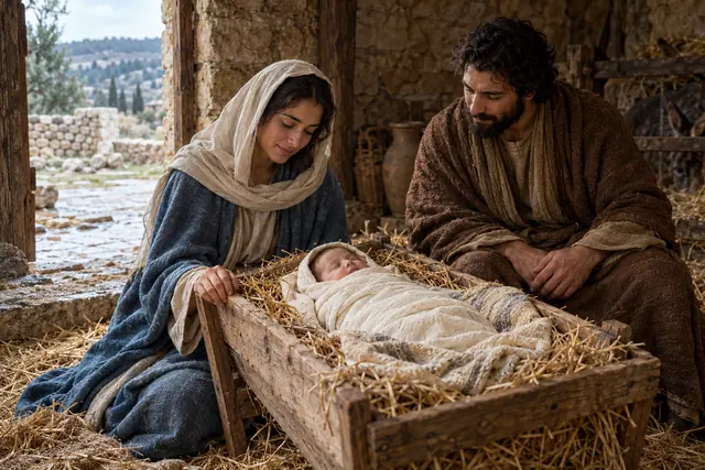 Menino Jesus dorme na manjedoura com palha, observado por Maria e José em um estábulo de pedra iluminado pela porta.