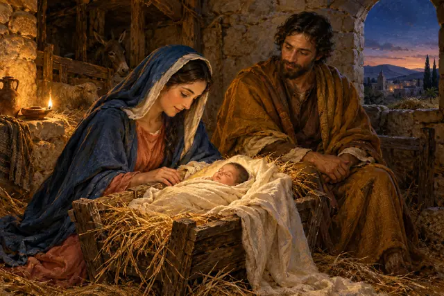 Maria e José contemplam o Menino Jesus na manjedoura, em um estábulo iluminado por lamparina ao entardecer.
